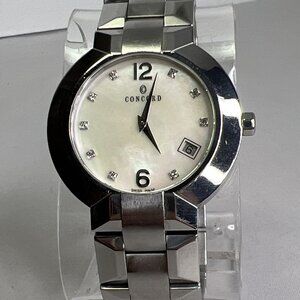 Concord Men's 38mm Date Quartz Watch 14.C2.1891 Art Deco MOP Diamonds Steel